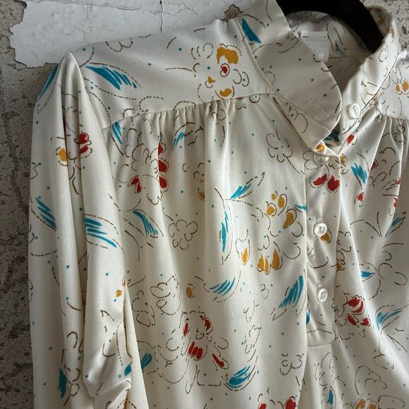 Vintage Cream Floral Print Blouse 70s Style Button Front Poet Sleeve Top Size S - Picture 3 of 5